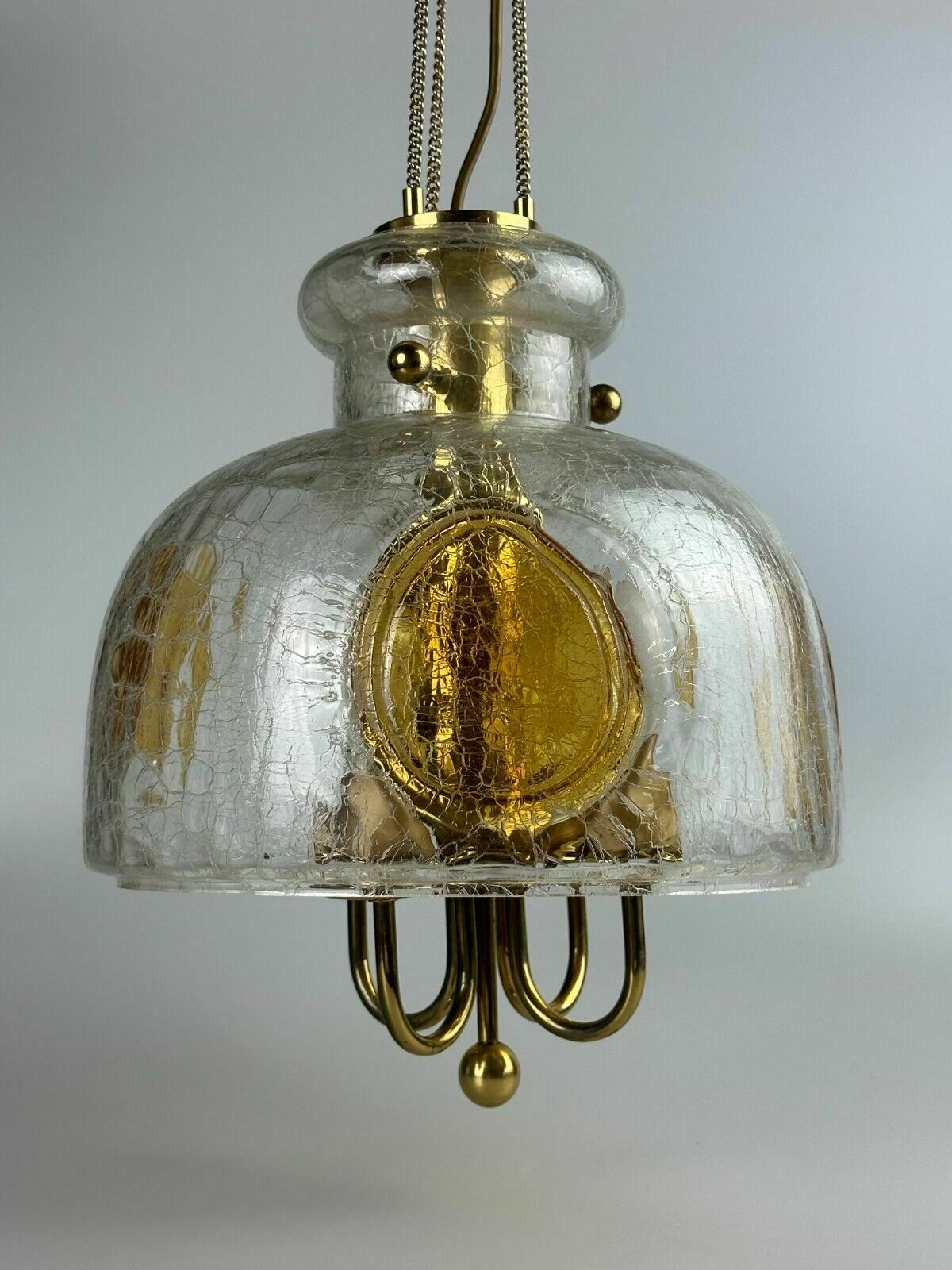 1960's 1970's Brutalist Ceiling Lamp Pendant Brass & Murano Glass photo for sale