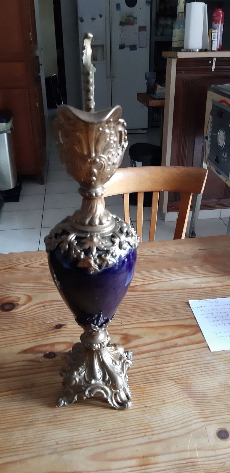 Pair Of Golden Spelter And Blue Glass Ewers photo Home Decor