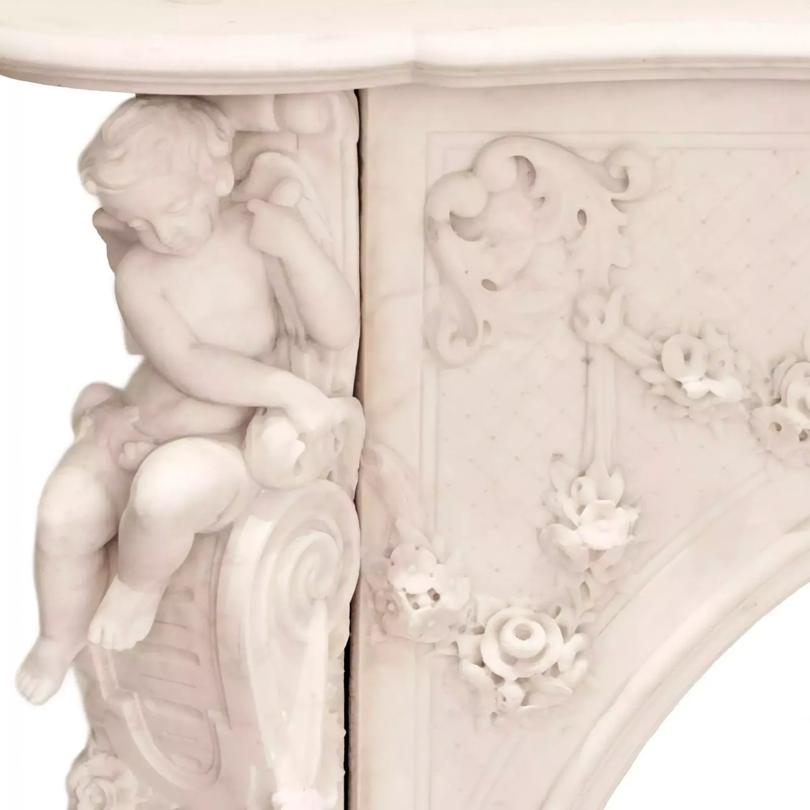 French White Marble Fireplace With Cupids, Louis XV Style. 19th Century photo furniture
