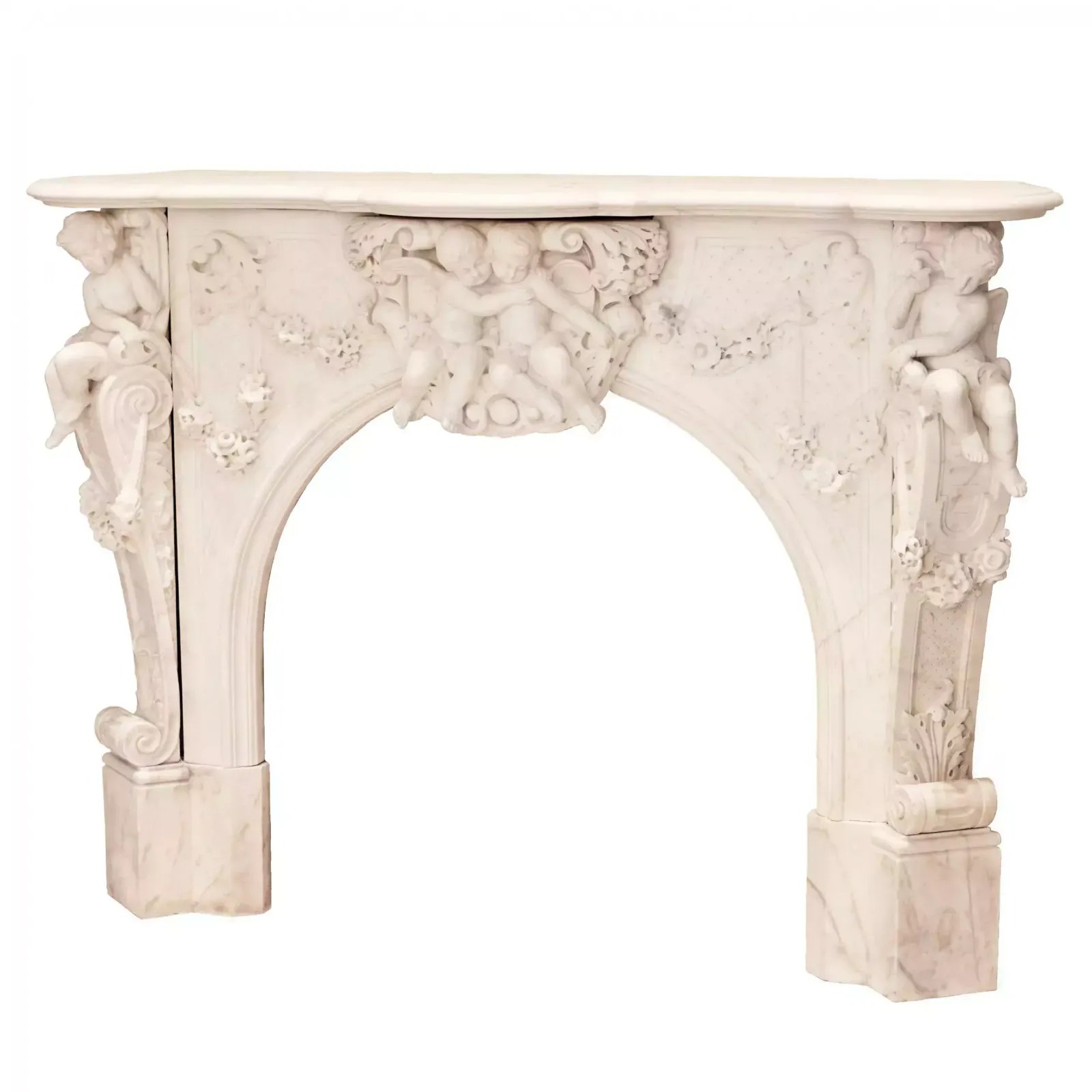 photo furniture French White Marble Fireplace With Cupids, Louis XV Style. 19th Century