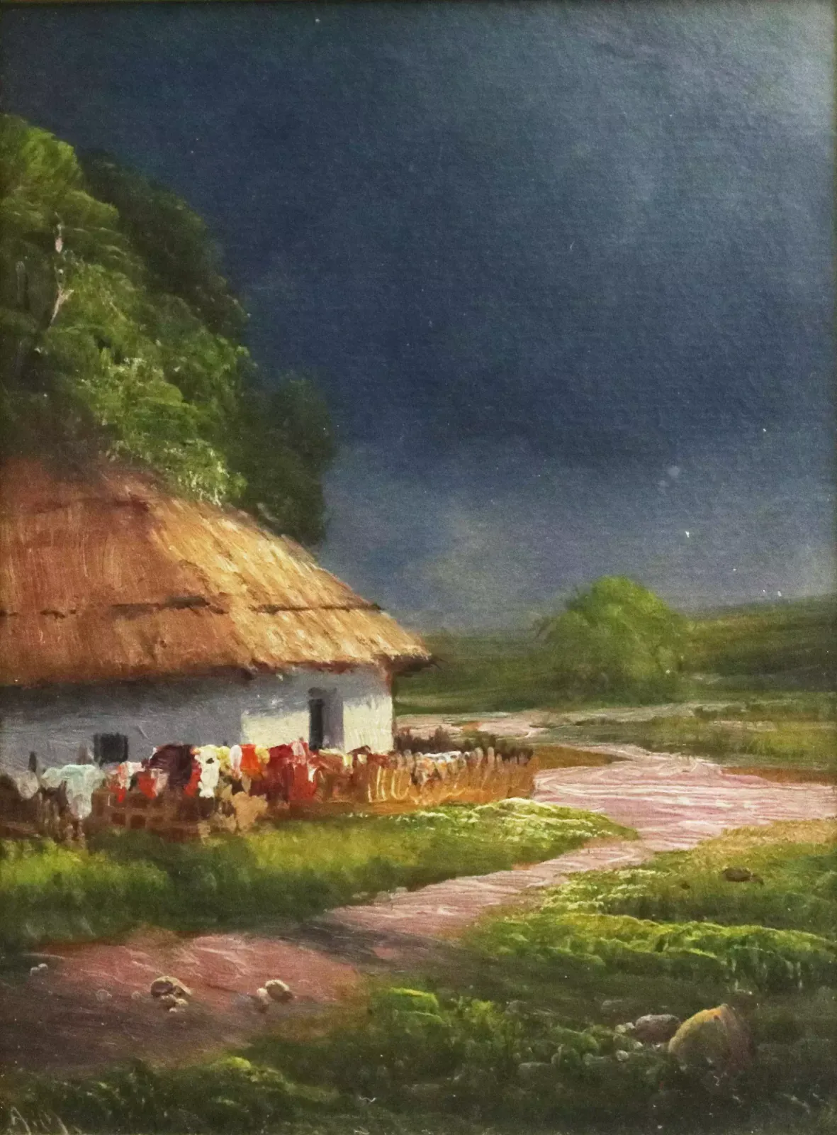 Before The Rain View Of The Country Road And The Ukrainian Hut.