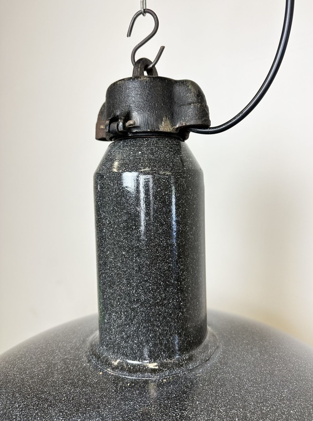 Large Industrial Grey Enamel Factory Lamp With Cast Iron Top, 1960s photo 199.0