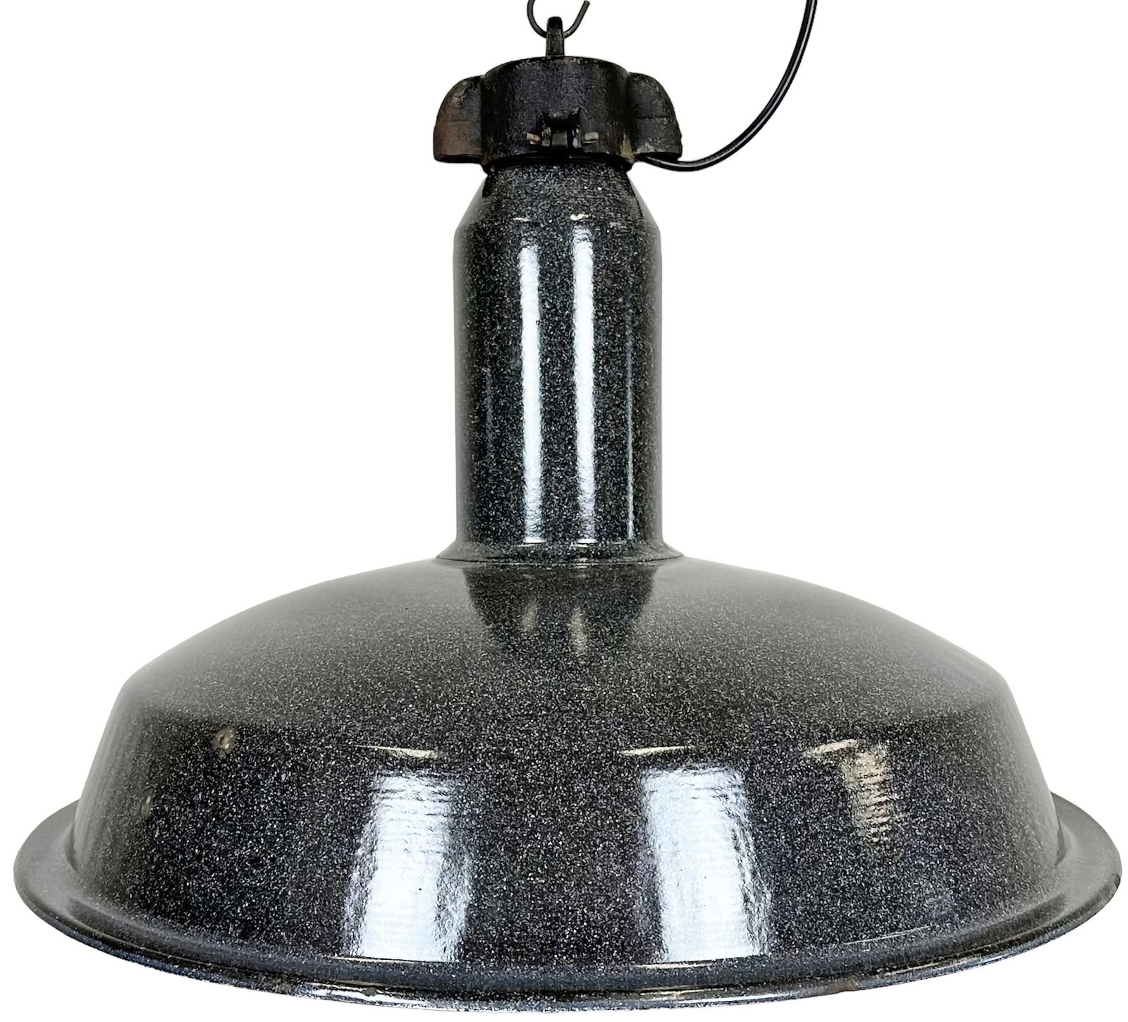 Large Industrial Grey Enamel Factory Lamp With Cast Iron Top, 1960s