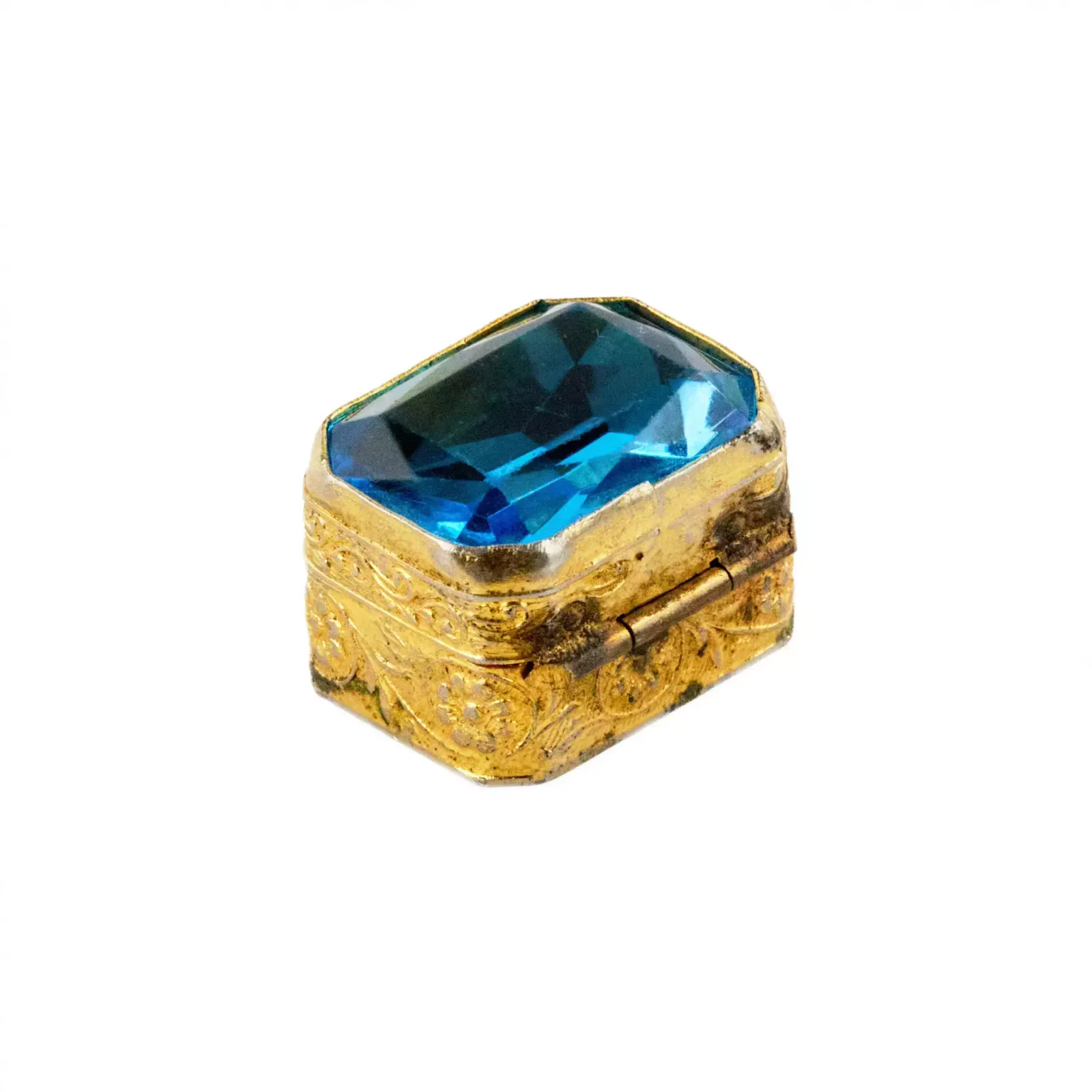 Pill Box Of Gilded Metal, With A Large Blue Stone On The Lid. Early 20th Century. photo 103.0