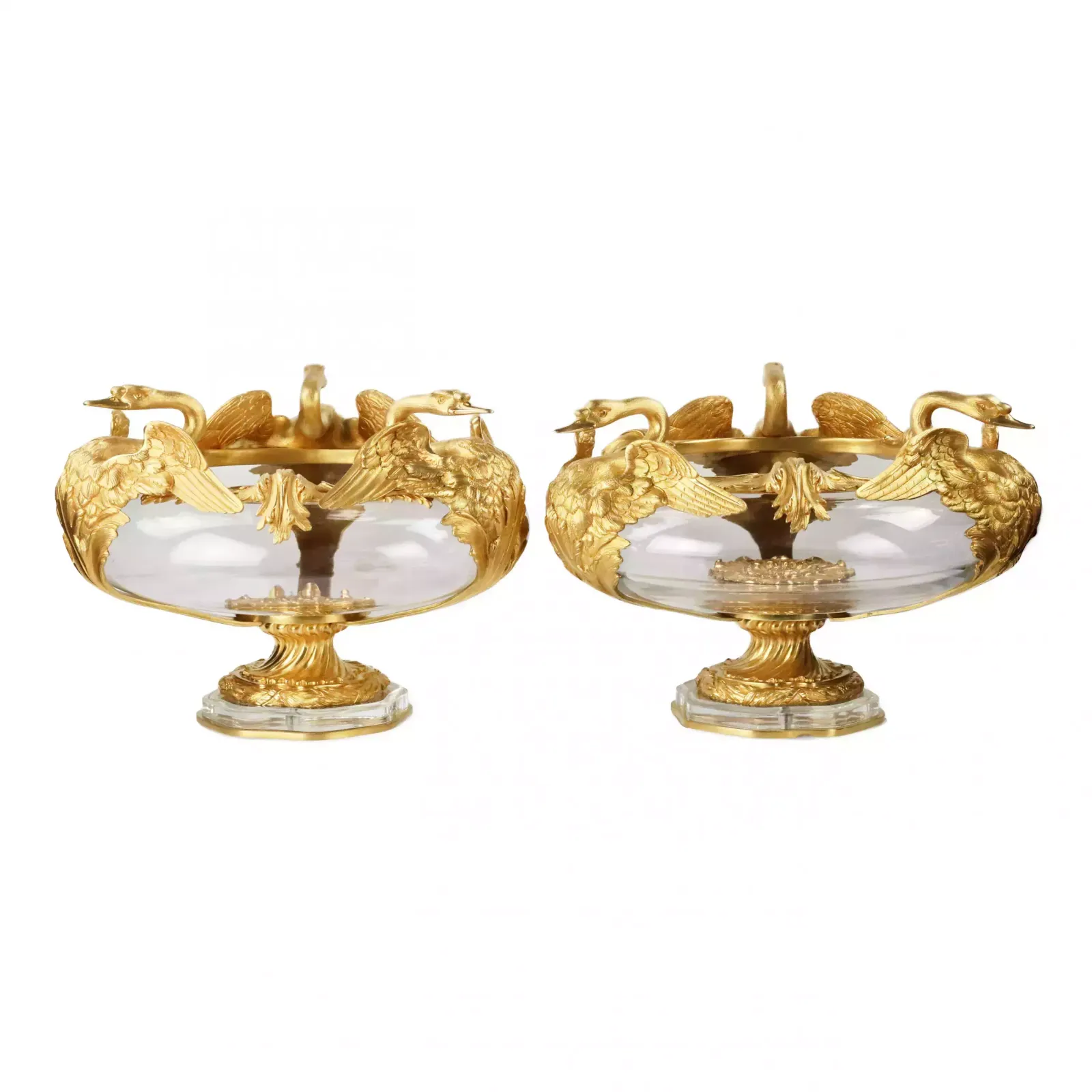 Pair Of Round Vases In Cast Glass And Gilded Bronze With Swans Motif. France 20th Century. photo for sale