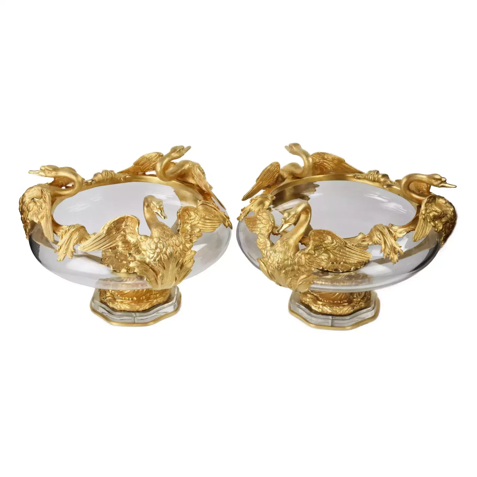 Pair Of Round Vases In Cast Glass And Gilded Bronze With Swans Motif. France 20th Century. photo Home Decor