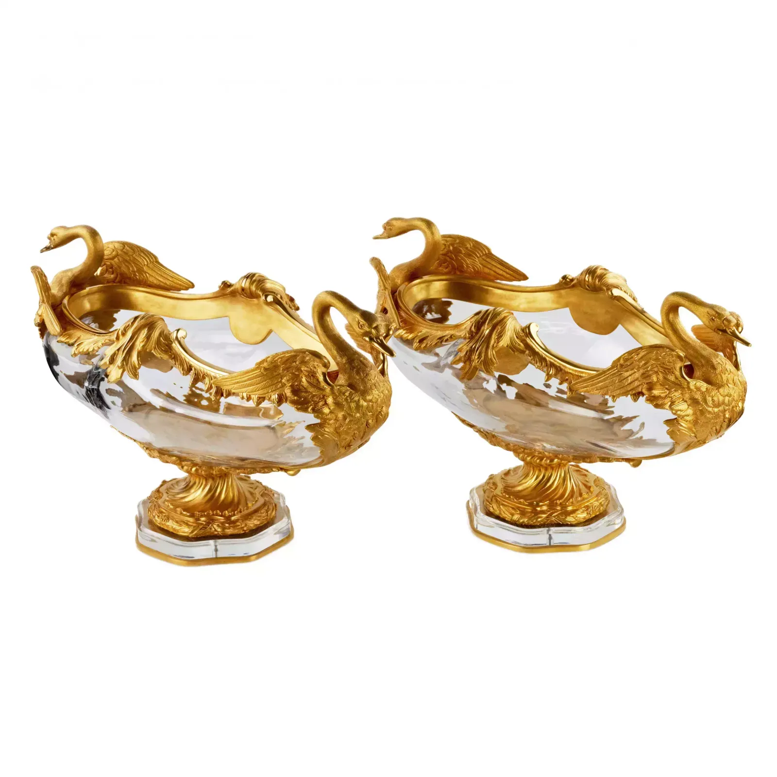Pair Of Oval Vases In Cast Glass And Gilt Bronze, With Swan Motif. France 20th Century. photo for sale