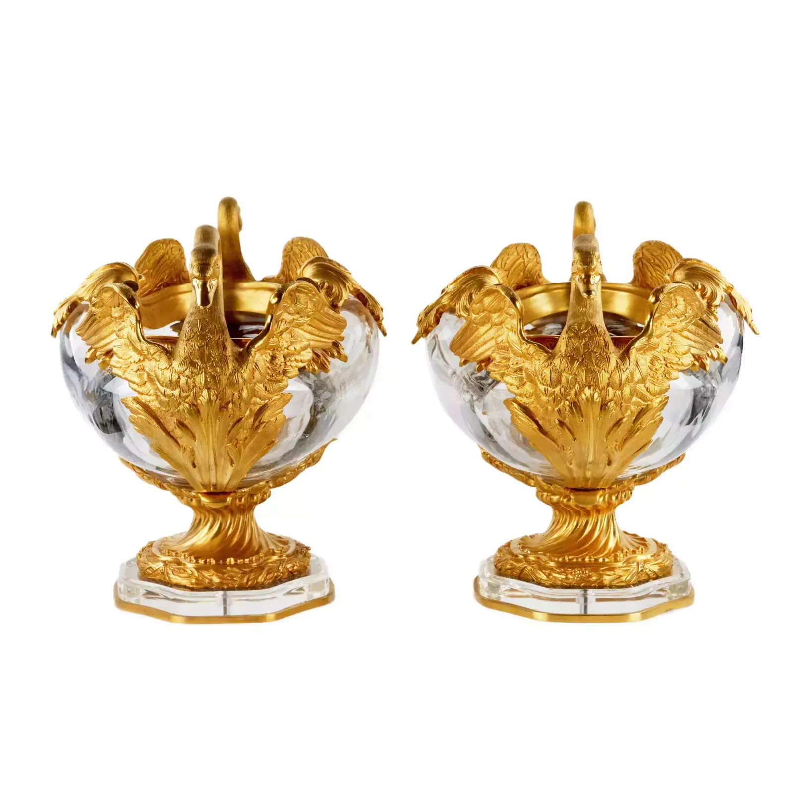 Pair Of Oval Vases In Cast Glass And Gilt Bronze, With Swan Motif. France 20th Century. photo vintage