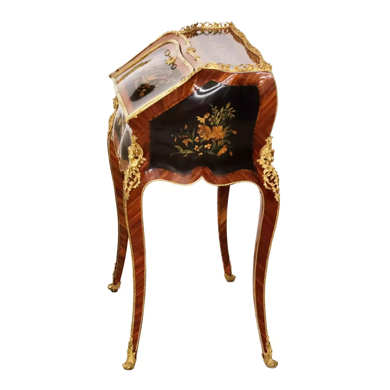 Furniture Coquettish Ladies` Bureau In Wood And Gilded Bronze, Louis XV Style. photo