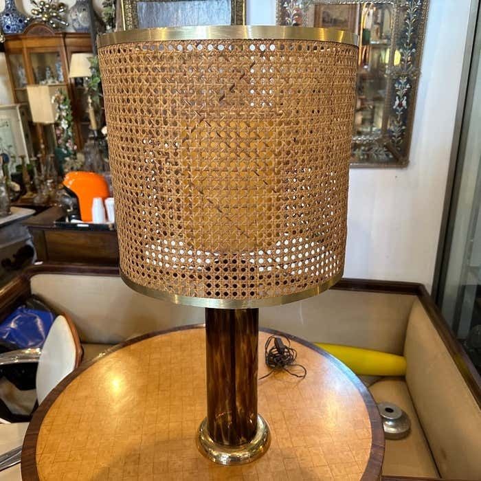 1980s Mid Century Modern Glass Italian Table Lamp With Vienna Straw Lampshade photo furniture