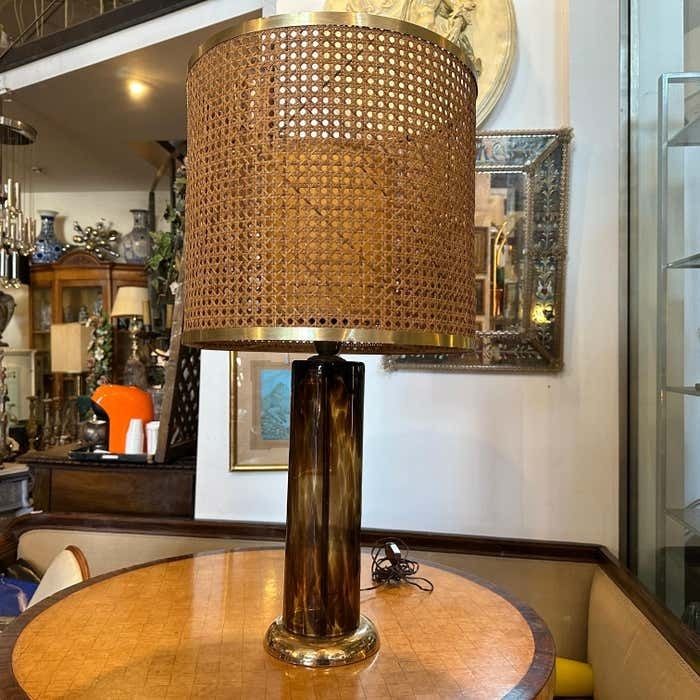 1980s Mid Century Modern Glass Italian Table Lamp With Vienna Straw Lampshade photo Lighting