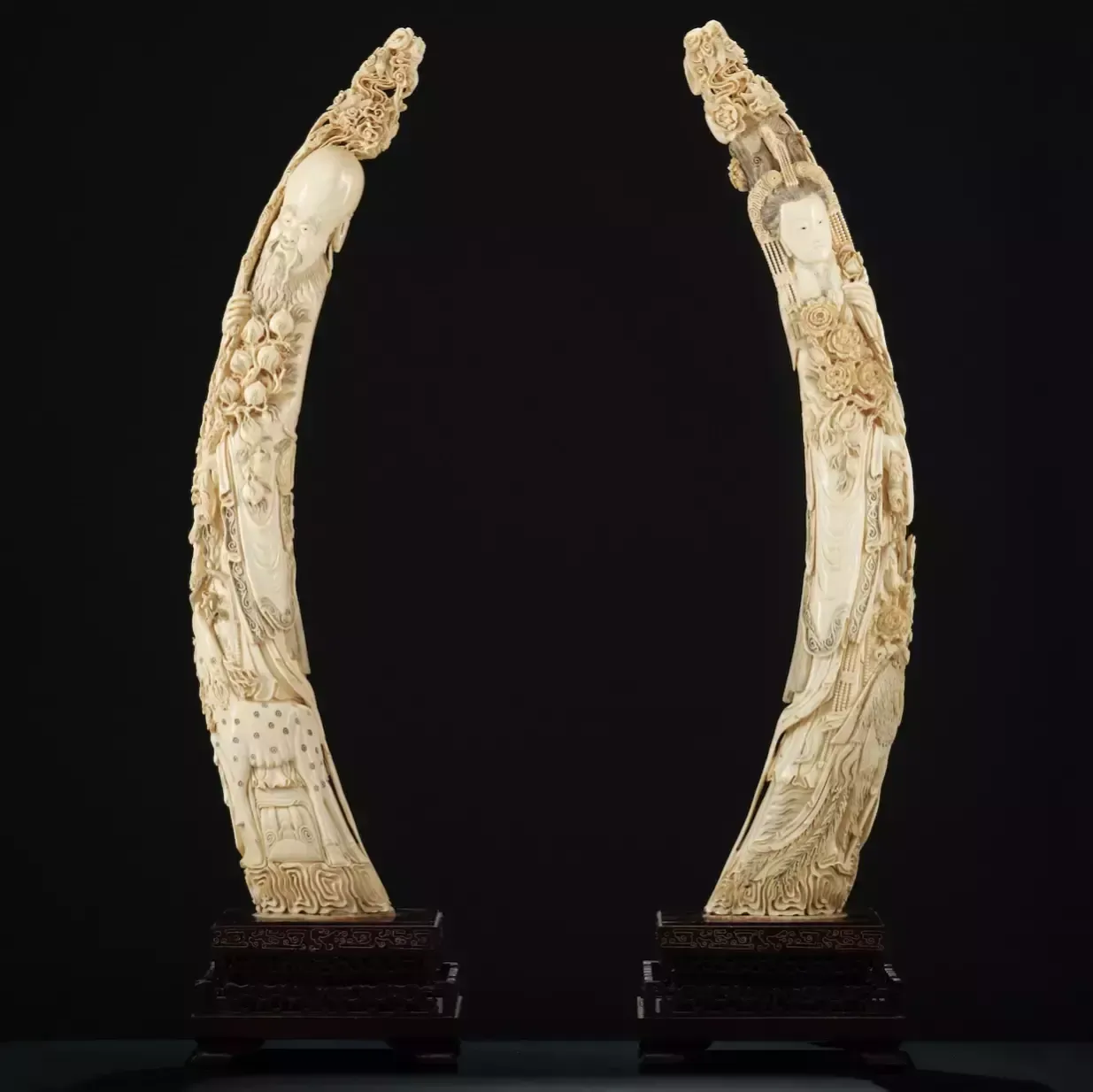 Two Large Carved Ivory Figures Of Guanyin And Shao Lao. 19 20 Centuries photo for sale