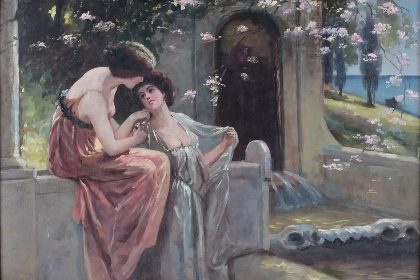 Painting "At The Fountain"., Early 20th Century