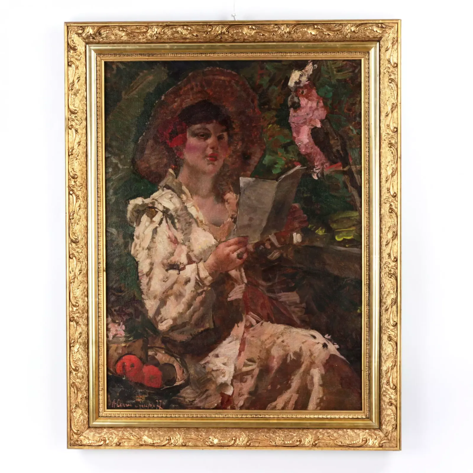 Painting "Lady With A Parrot", Early 20th Century