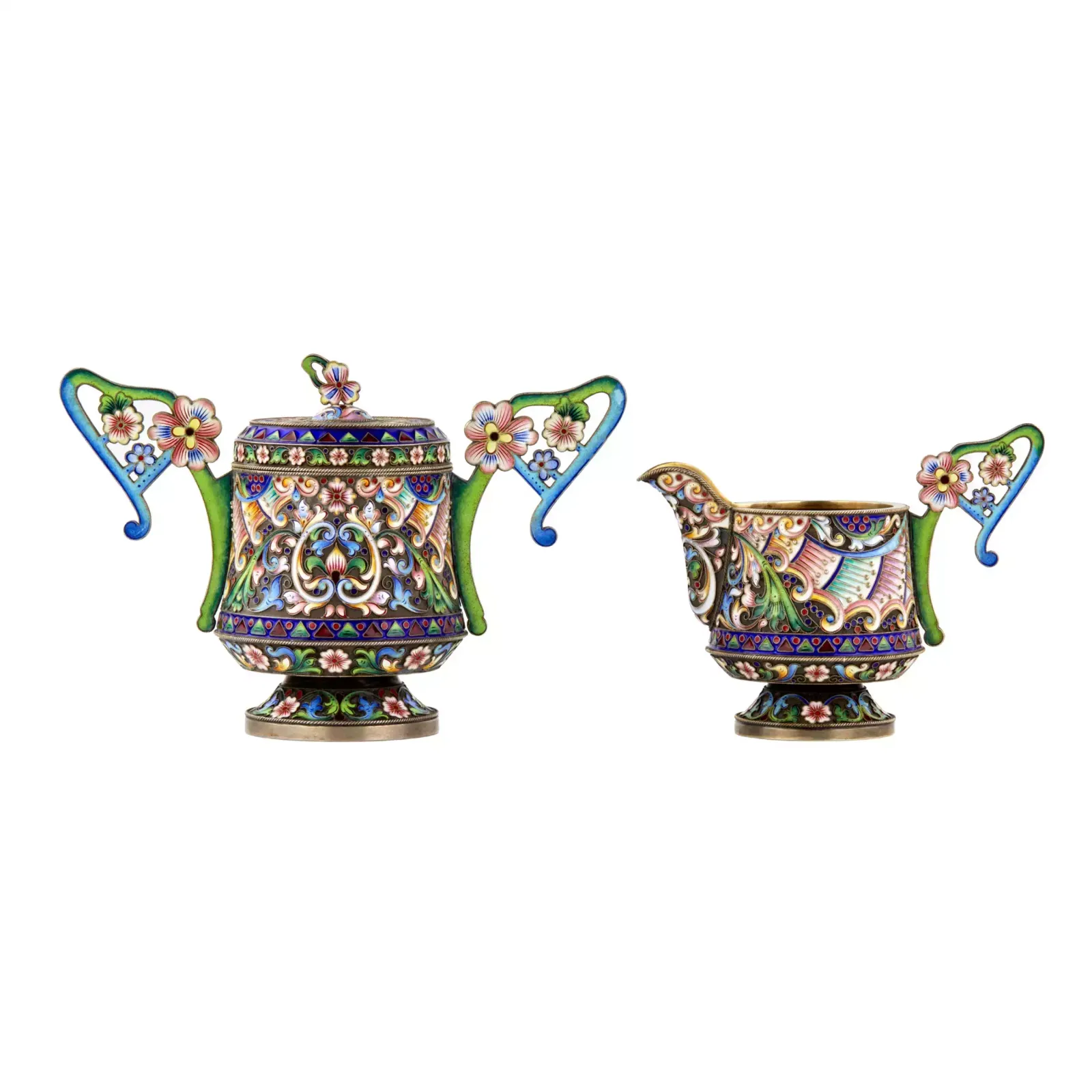 Art Nouveau Cloisonne Enamel Russian Silver Creamer And Sugar Bowl. photo furniture