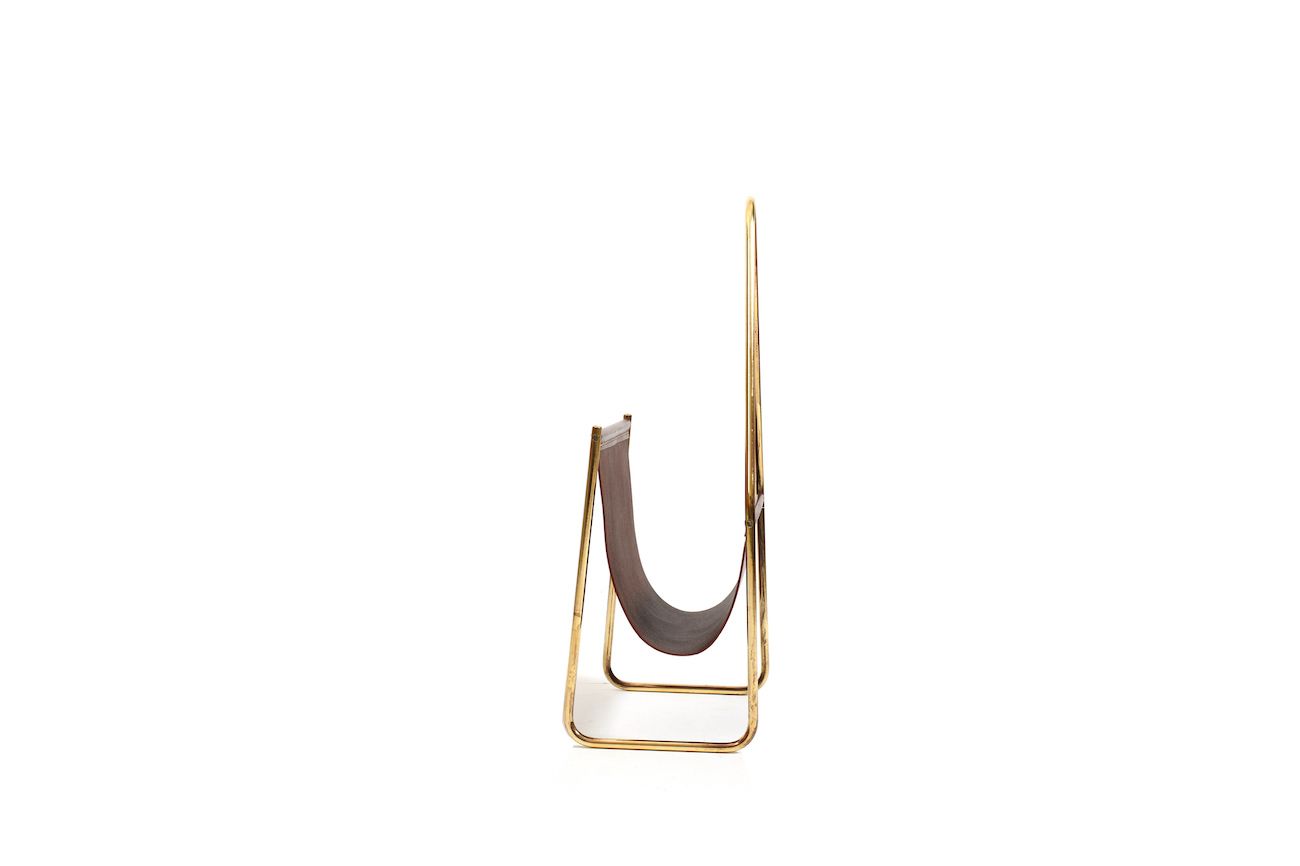 1950s Carl Auböck Magazin Holder In Brass And Leather photo for sale