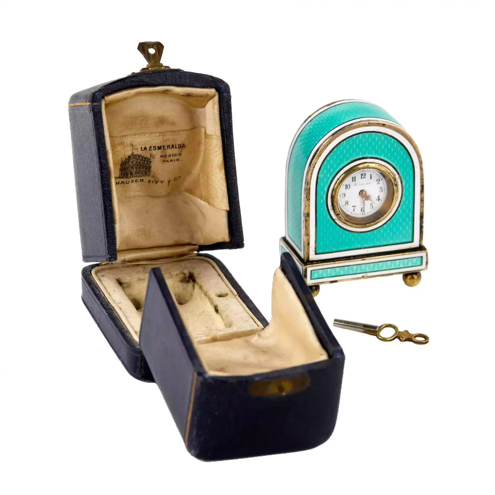 Miniature Travel Clock In Guilloche Silver Enamel, In Its Own Case.