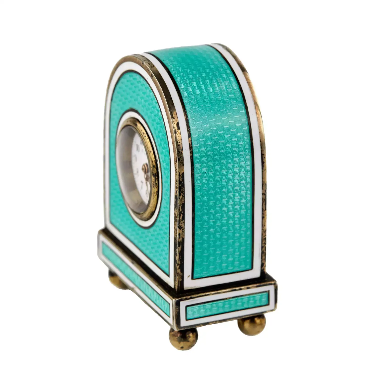 photo for sale Miniature Travel Clock In Guilloche Silver Enamel, In Its Own Case.