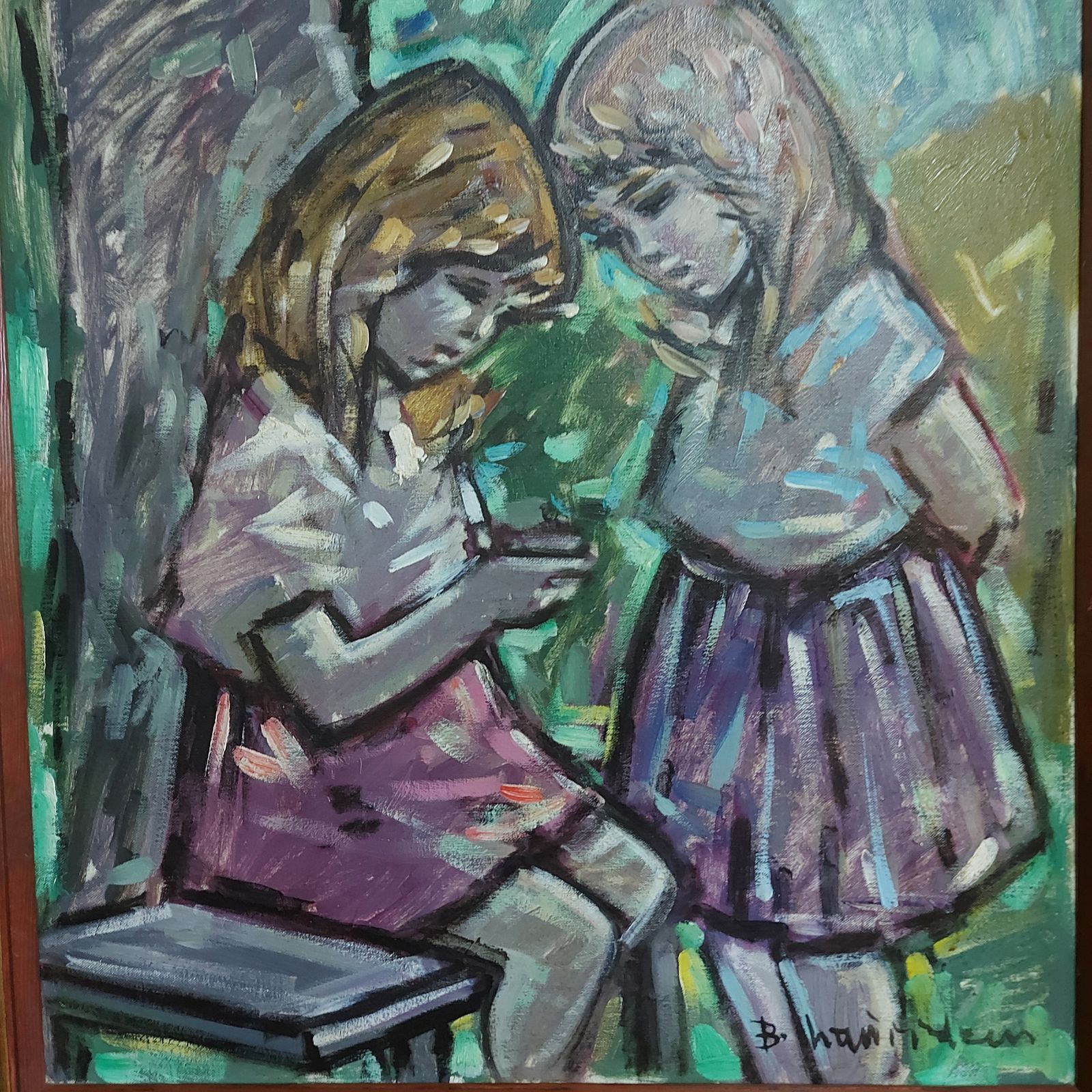 Two Girls In A Field By Bent Lauridsen Danish Artist   Framed Oil On Canvas photo furniture