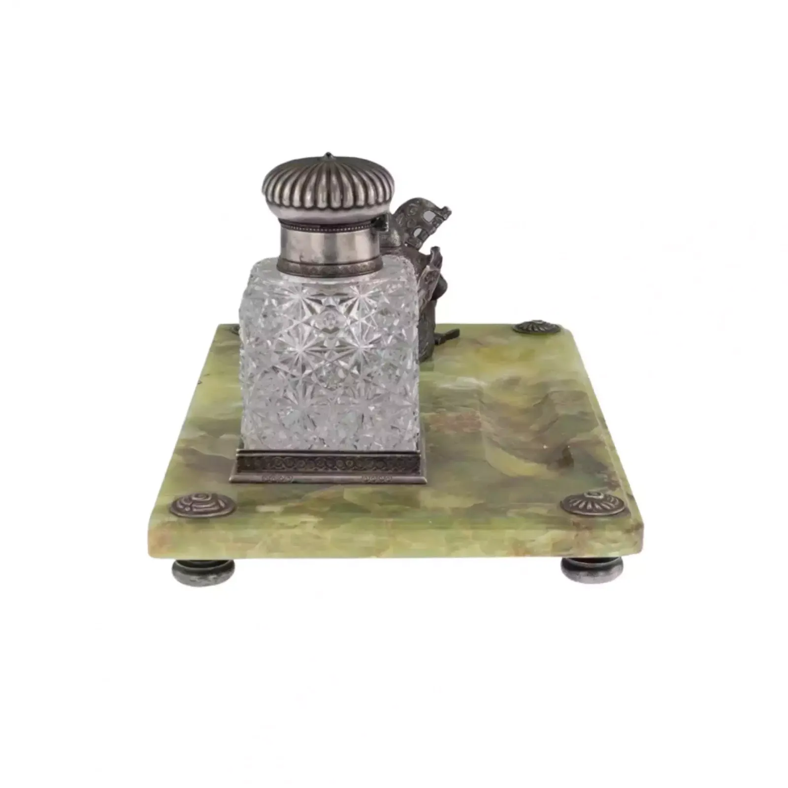 photo vintage Large Cabinet Inkwell   Zastava, Made Of Crystal, With Silver, On A Marble Base.