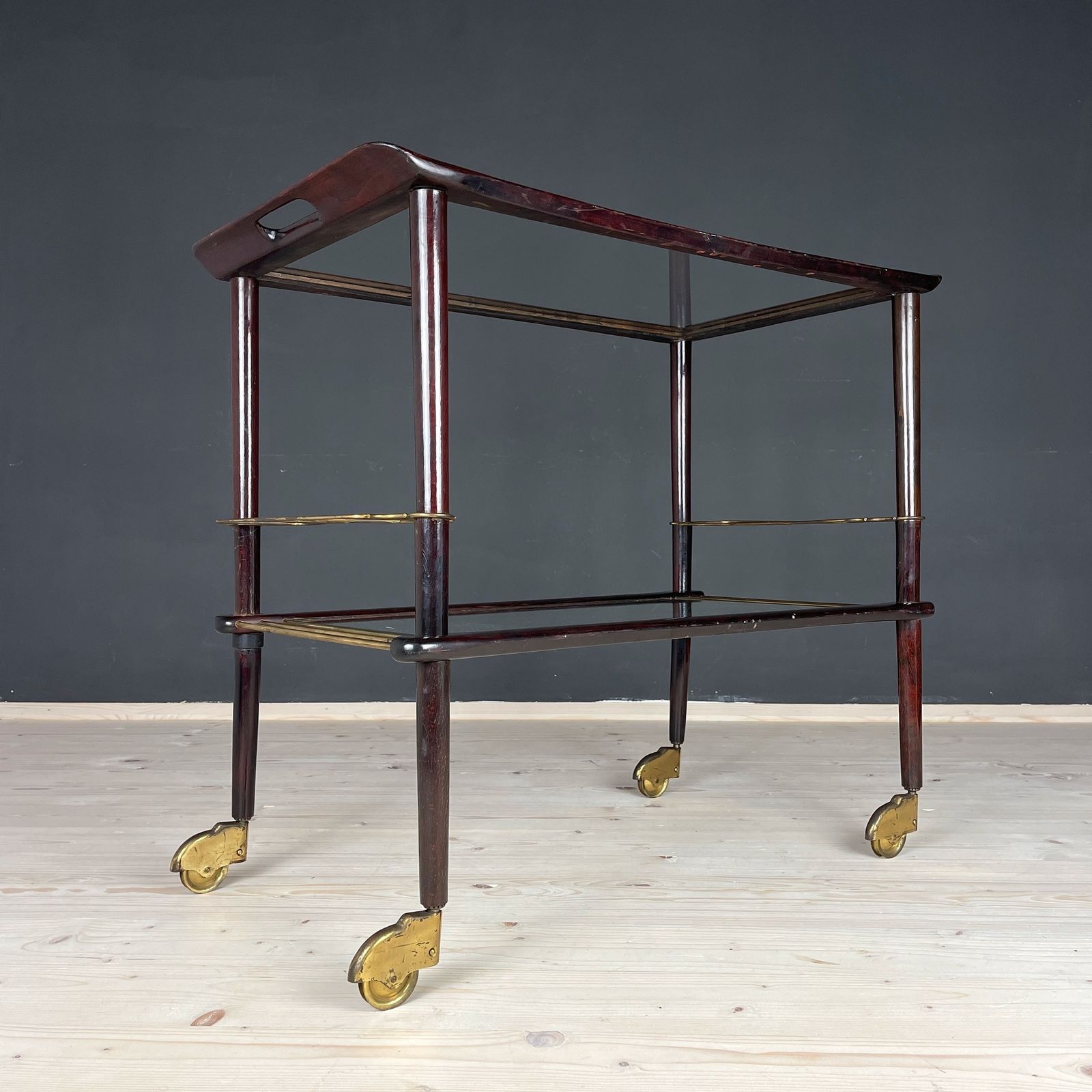 Mid Century Wood And Glass Bar Cart Trolley By Ico Parisi For De Baggis Italy 1960s