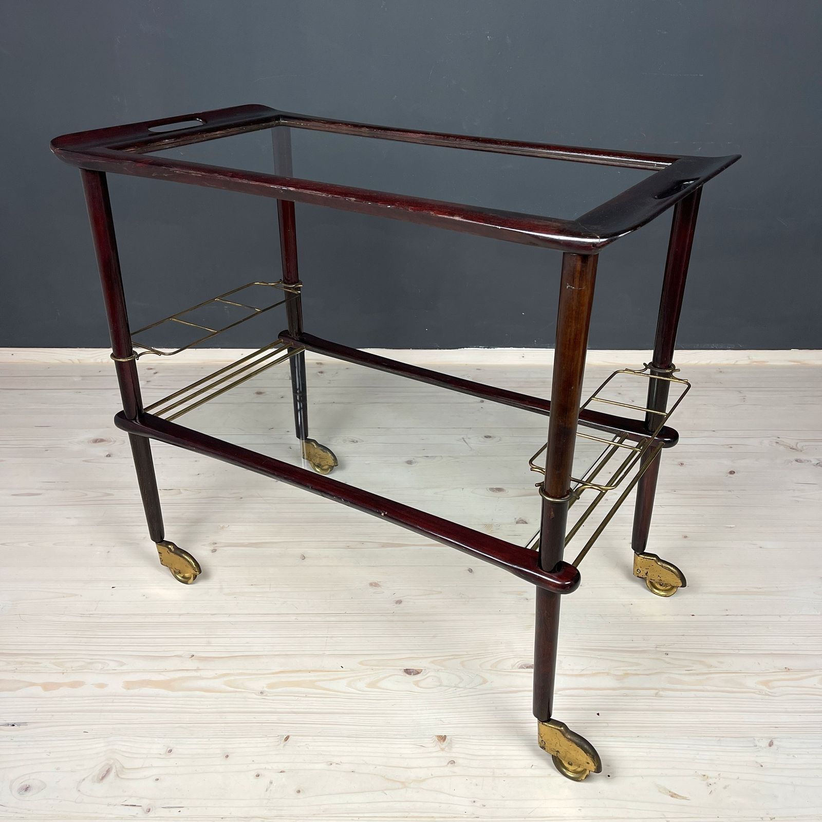Furniture Mid Century Wood And Glass Bar Cart Trolley By Ico Parisi For De Baggis Italy 1960s photo