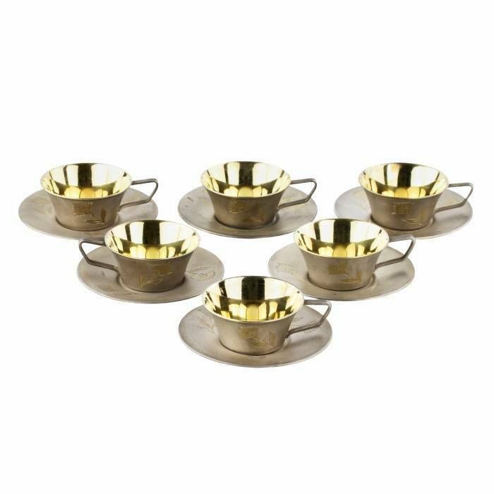 Six Silver Cups With Saucers, Gilded And Engraved. Ussr. 1960 80s
