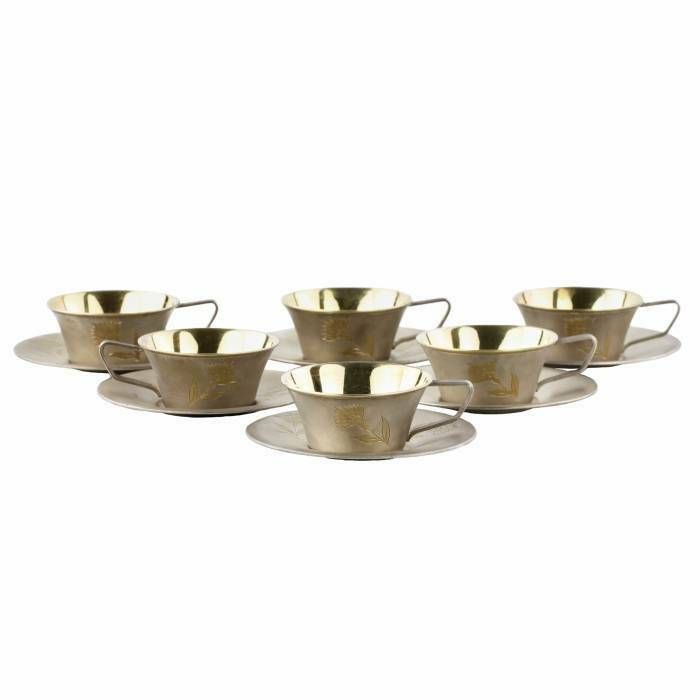 Six Silver Cups With Saucers, Gilded And Engraved. Ussr. 1960 80s photo furniture