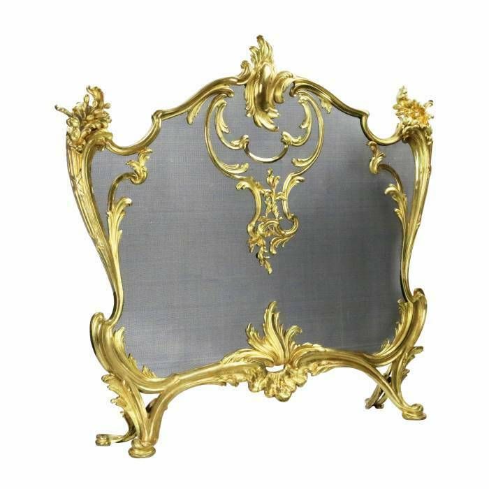 Bouhon. Fireplace Screen In Gilded Bronze With Metal Protective Mesh, Louis XV Style. photo for sale