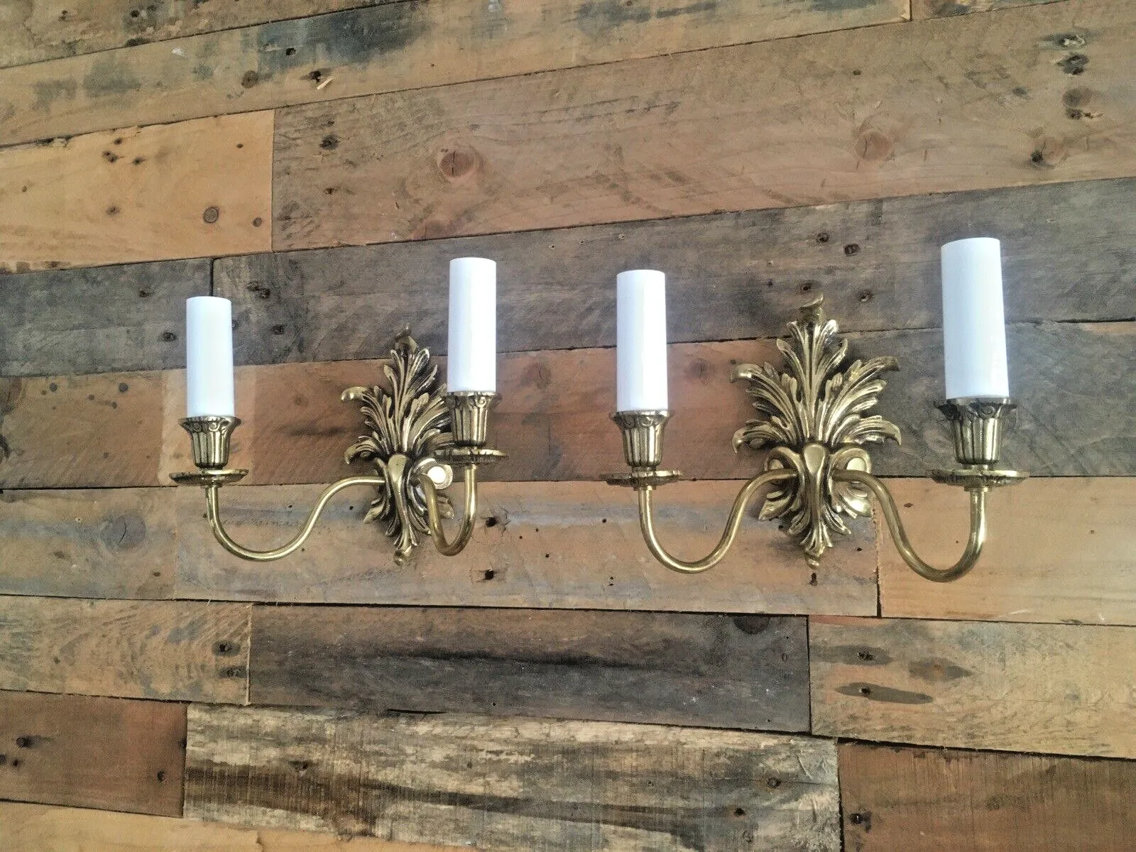 photo vinterior 1 Vintage French Ornate Rococo Acanthus Leaf Brass Twin Wall Light Candle Sconce (5 Available)