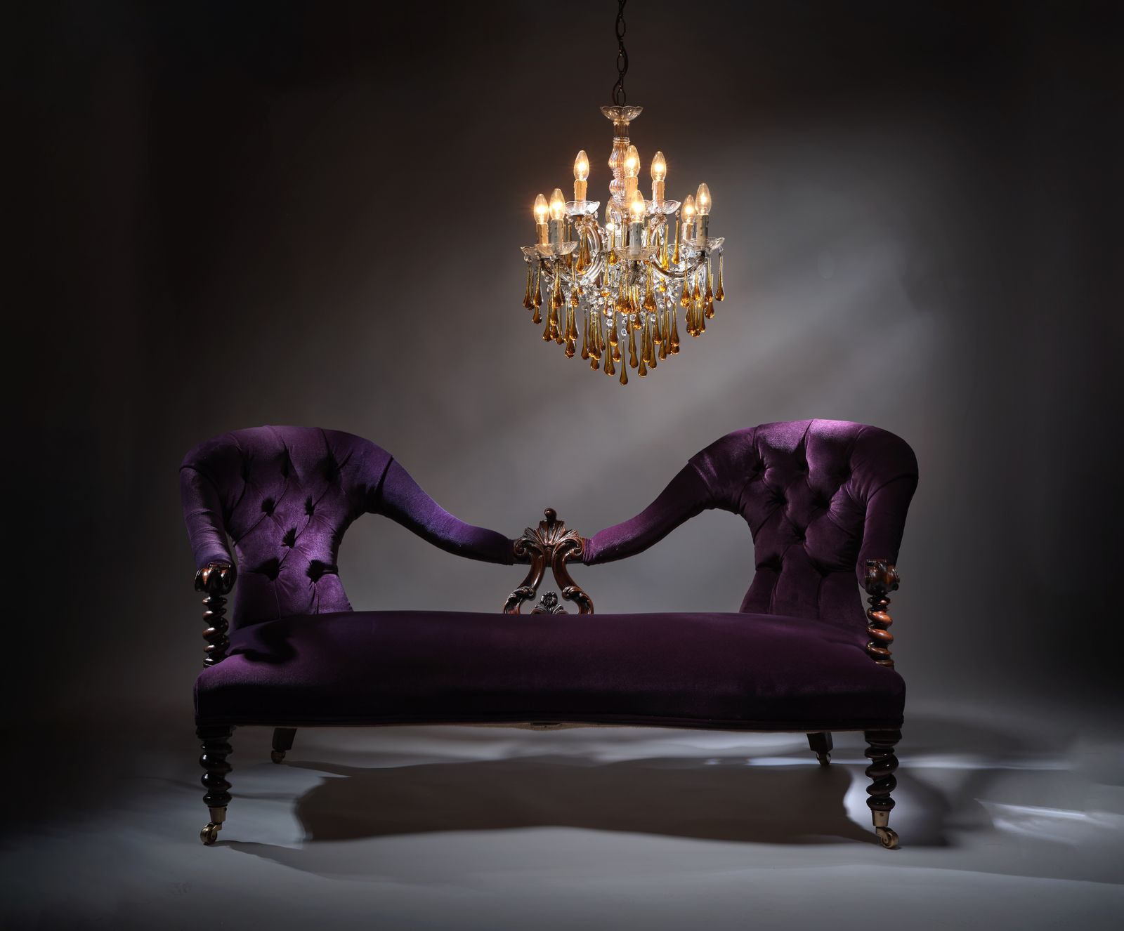 Gorgeous Victorian Barley Twist Rosewood Sofa, Fully Restored And Reupholstered In Rich Purple Velvet, England Circa 1900's.