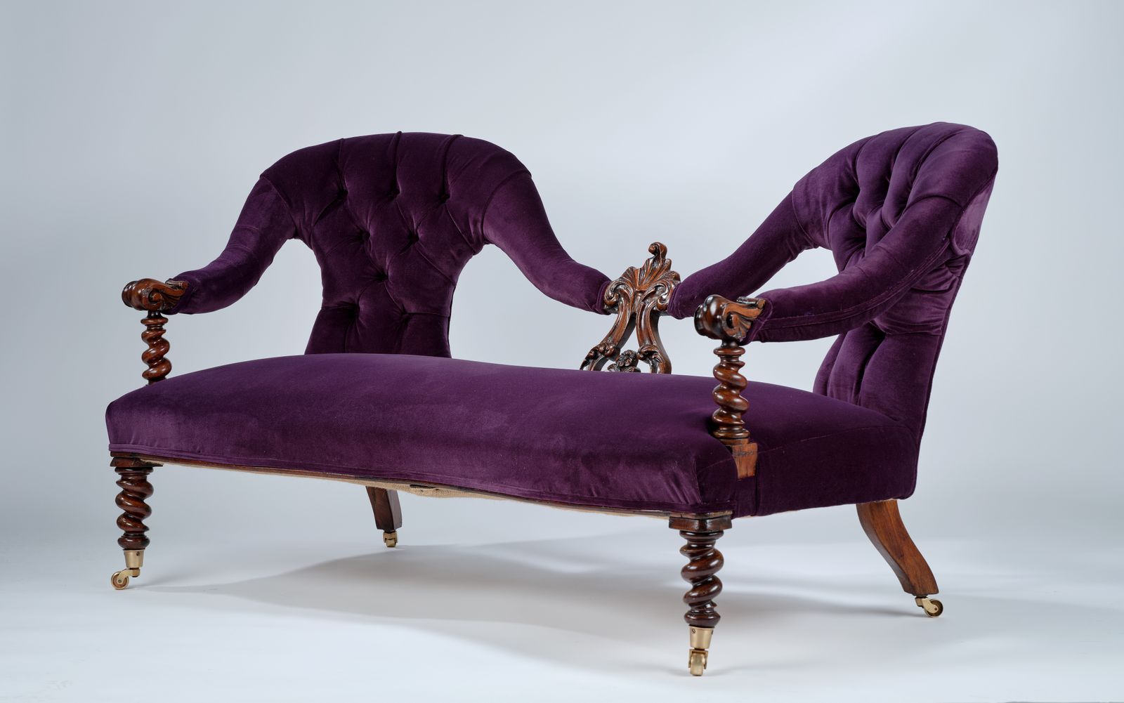 Gorgeous Victorian Barley Twist Rosewood Sofa, Fully Restored And Reupholstered In Rich Purple Velvet, England Circa 1900's. photo buy