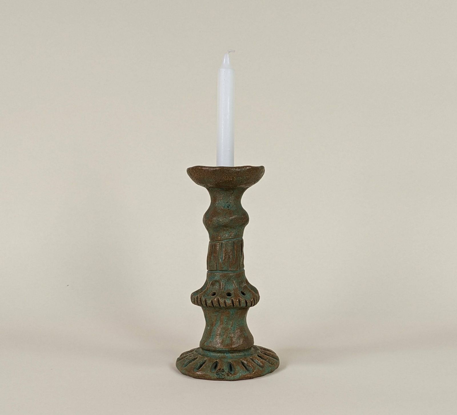 Vintage French Redware Green Pottery Candle Holder