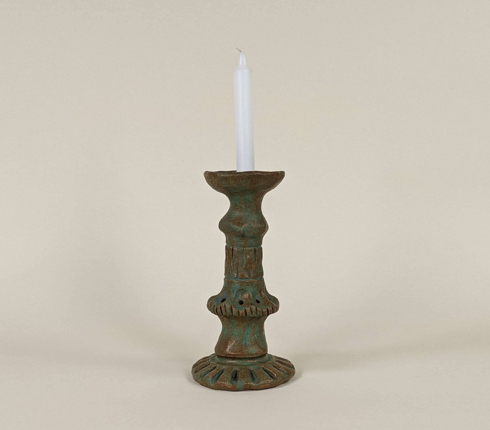 Vintage French Redware Green Pottery Candle Holder photo for sale