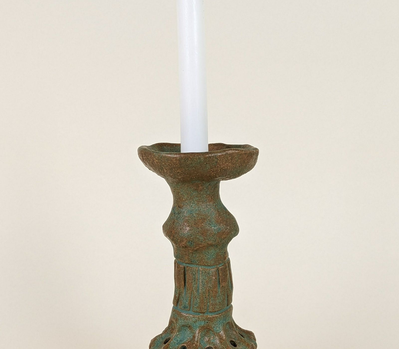 Vintage French Redware Green Pottery Candle Holder photo 102.0