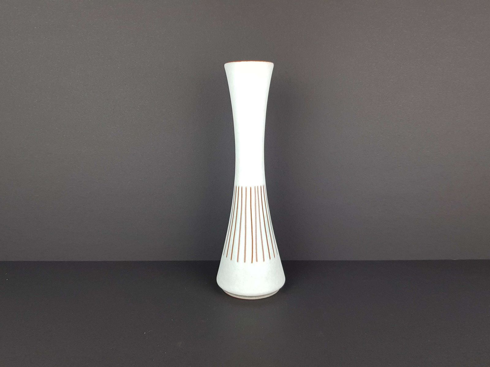 Vintage Steuler Keramik Blueish White Vase With Brown Stripes 4125 4 West German Pottery 1950s