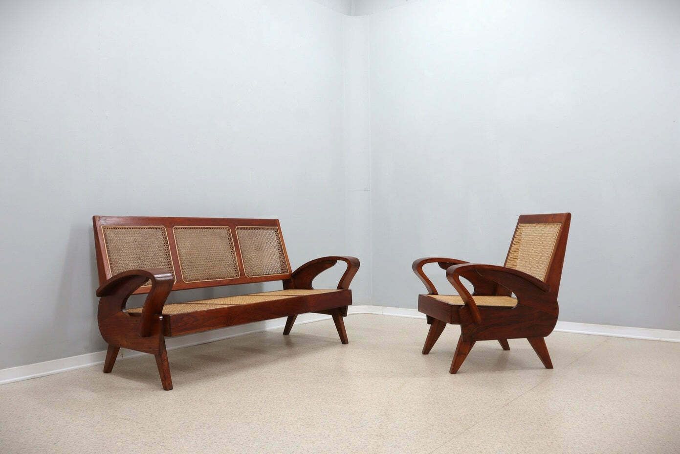 Mid Century Teak Wood And Vienna Straw Easy Sofa + Armchair 1950s