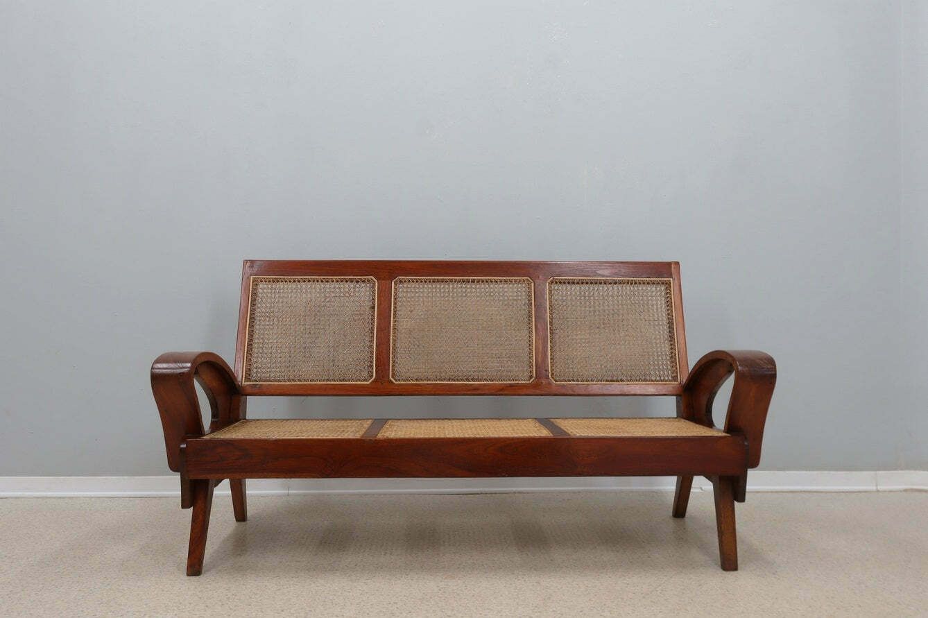 Mid Century Teak Wood And Vienna Straw Easy Sofa + Armchair 1950s photo vinterior