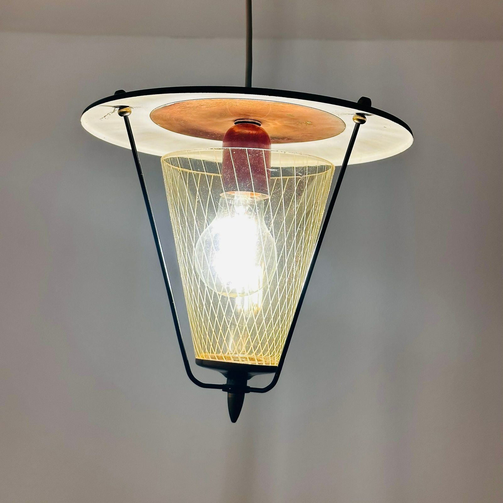 Vintage Metal And Opalin Glass Pendant Lamp, 1950s photo vinterior