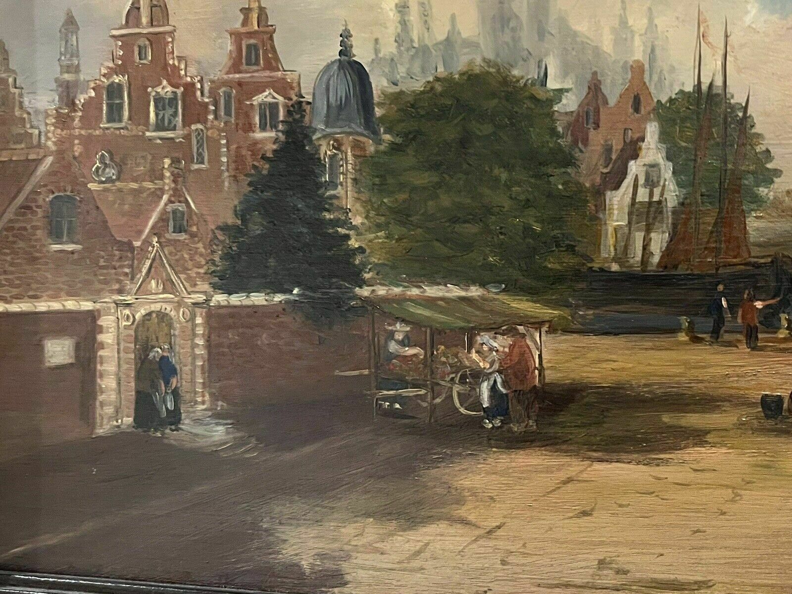 photo furniture Antique Dutch Canal Scene Oil Painting, Signed F Knot In Original Maple Frame
