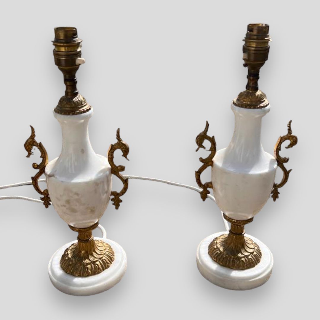 A Pair Of White Marble An Gilt Urn Shaped Lamps With Serpentine Handles photo furniture