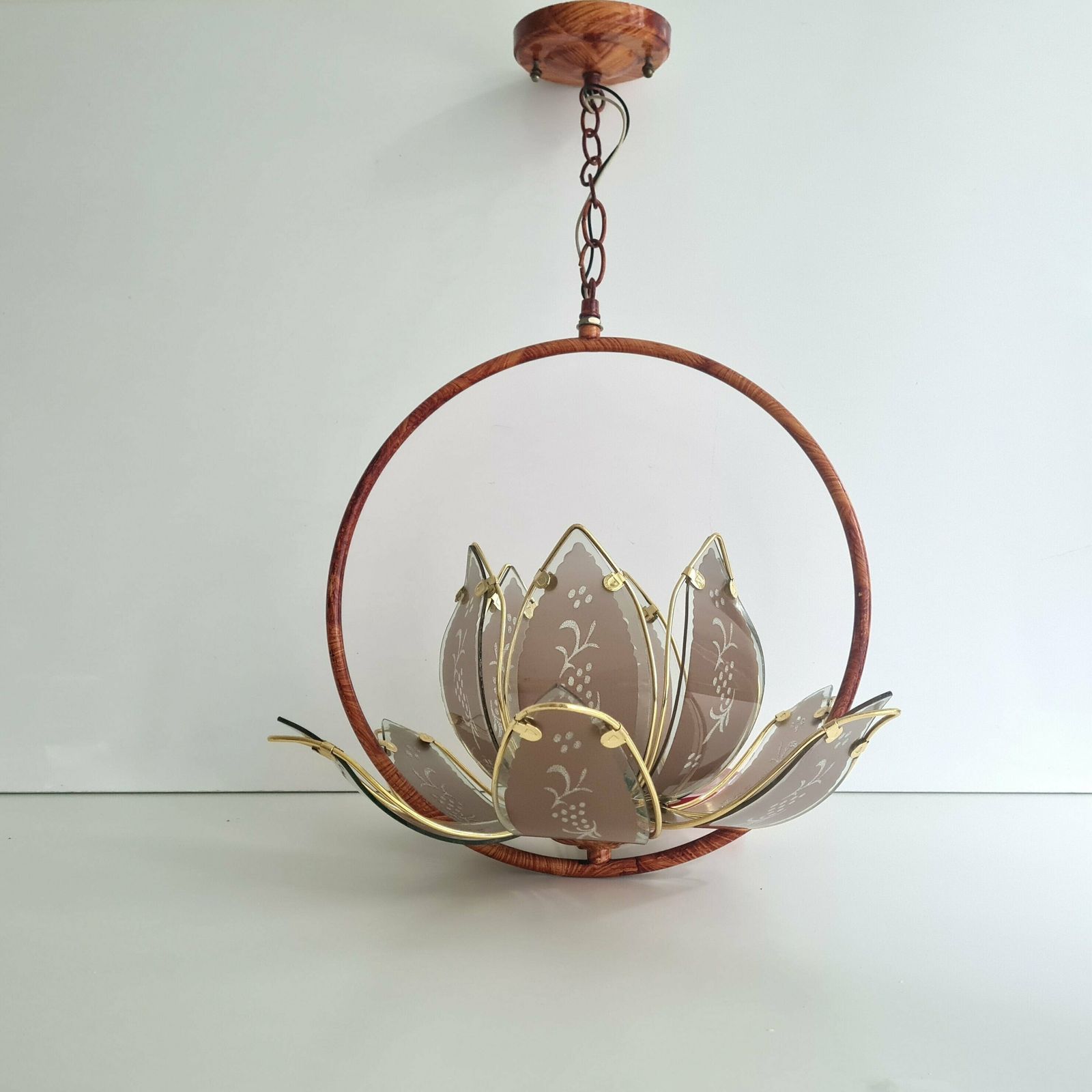 Vintage Hollywood Regency Hanglamp – Gegraveerd Glas Met Bloemmotief – Anthony California Lamp, Jaren 80