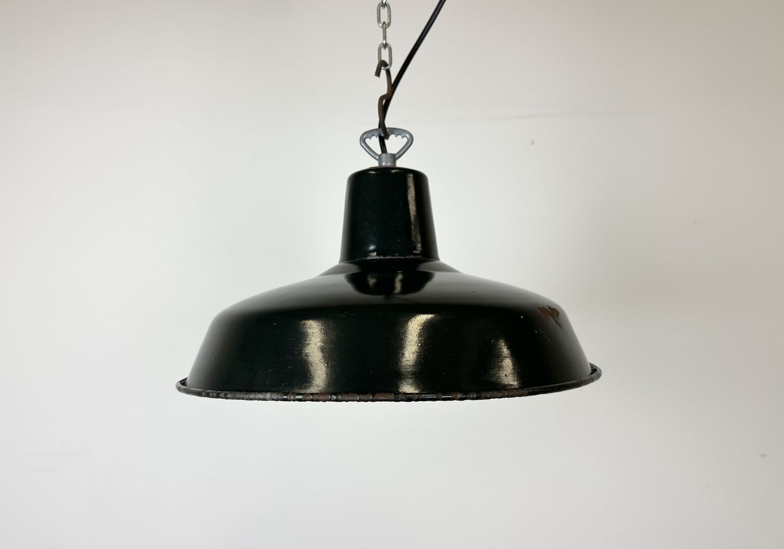 Industrial French Dark Green Enamel Factory Lamp, 1960s photo 179.0
