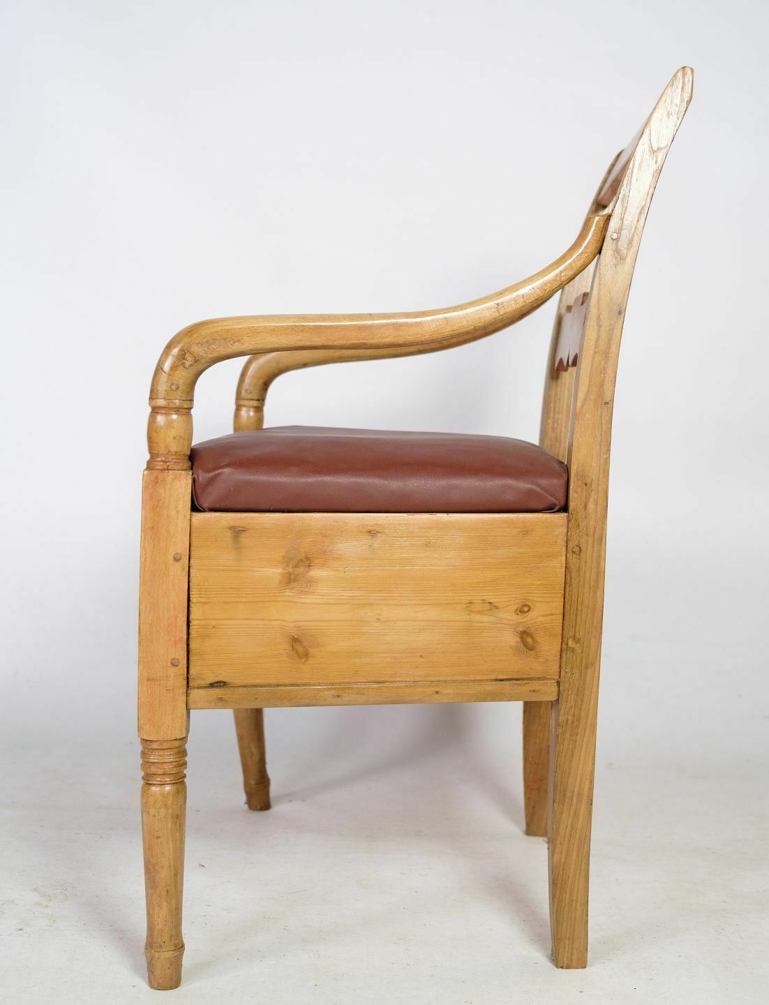 Armchair In Pine & Brown Leather From 1840s photo for sale