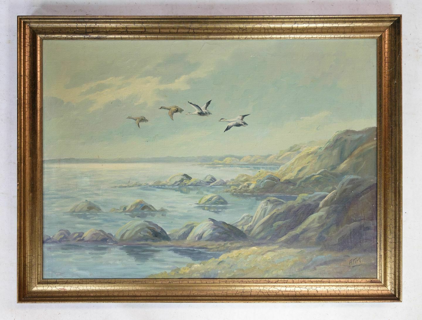 Painting Canvas With Motif Of Sea And Coastal Rocks From 1920s.