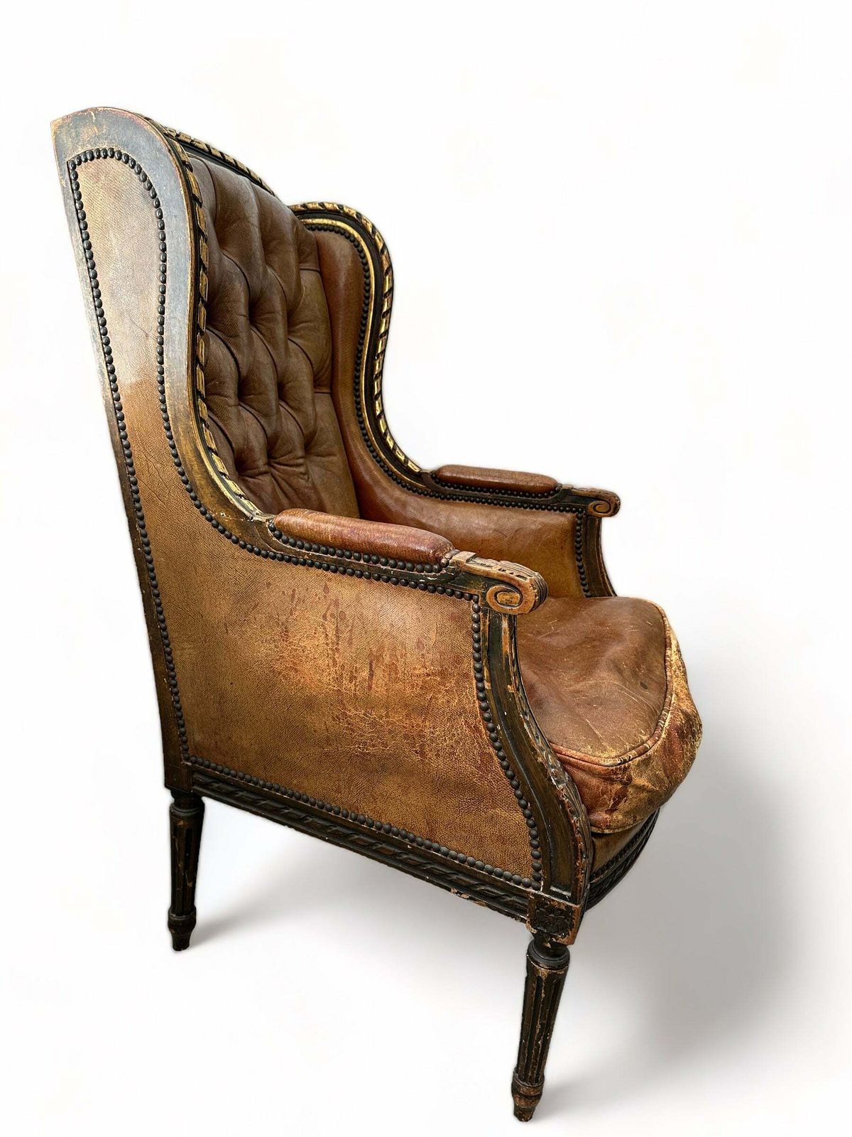 A Beautiful Antique French Leather Giltwood Studded Fauteuil Louis XV Armchair Circa 1850 photo Furniture