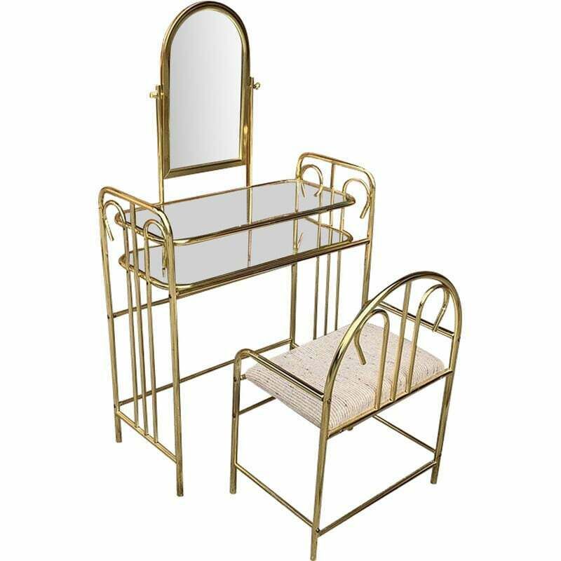 Vintage Dressing Table In Brass With Stool, 1950s