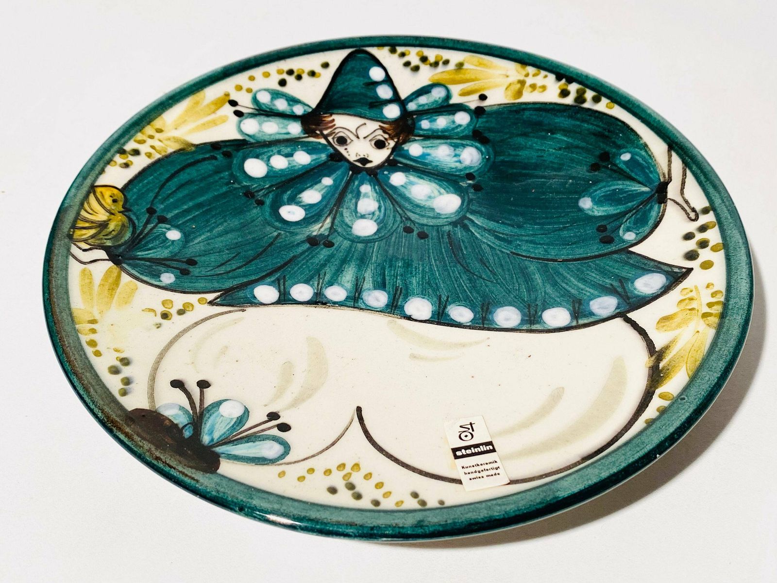 Willy Steinlin Switzerland Small Green Round Clown Ceramic Wall Plate photo furniture