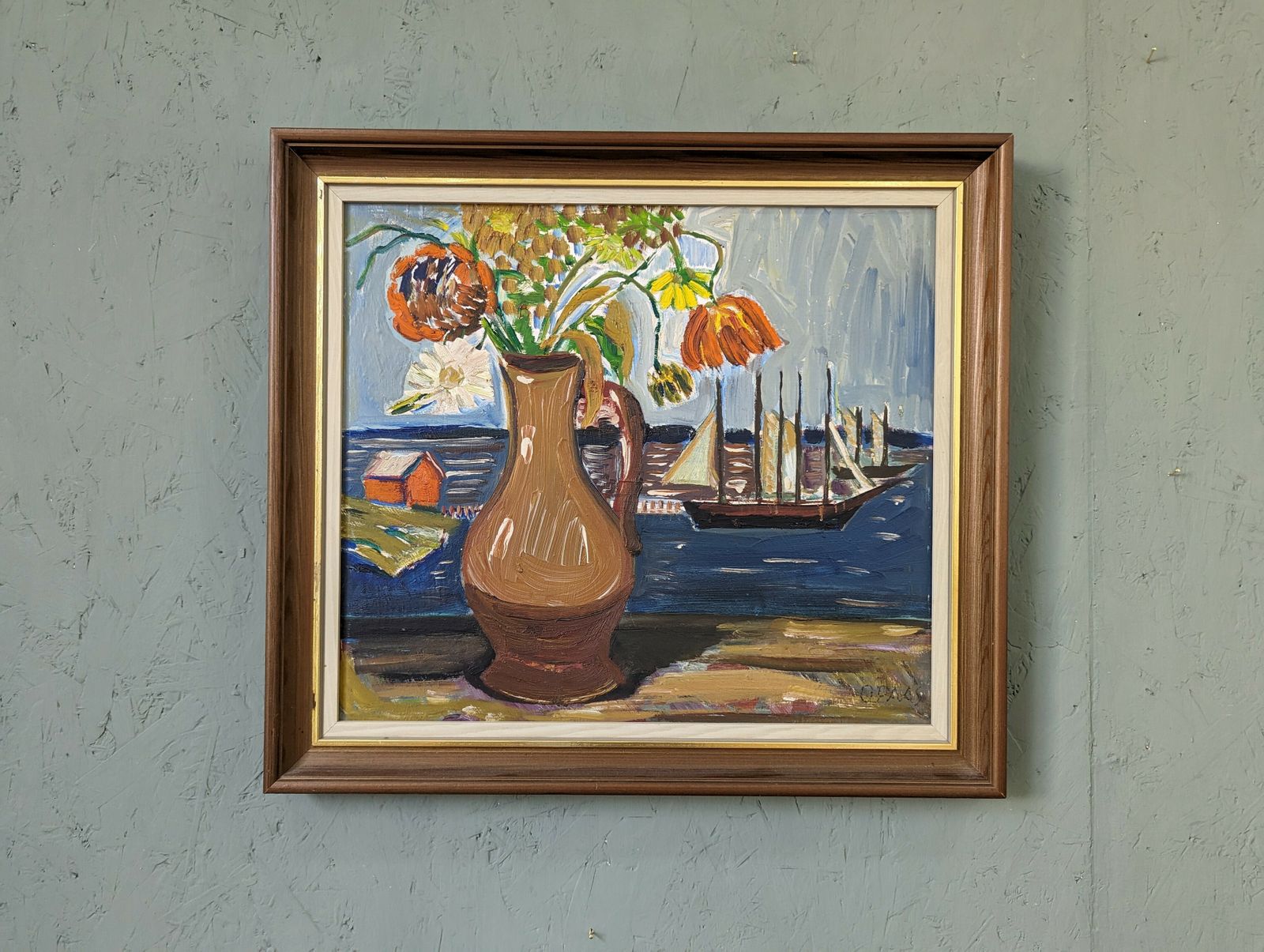 Mid Century Modernist Swedish Still Life Oil Painting, Sail Boats & Flowers, Framed photo 963.0