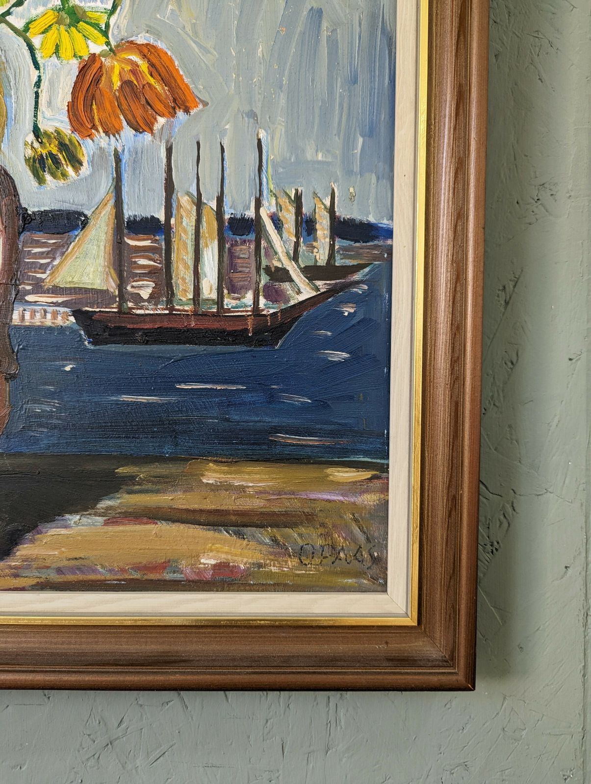 Mid Century Modernist Swedish Still Life Oil Painting, Sail Boats & Flowers, Framed photo vintage